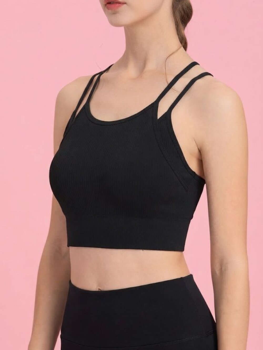 Black Ribbed Strappy Double Layer Sports Bra